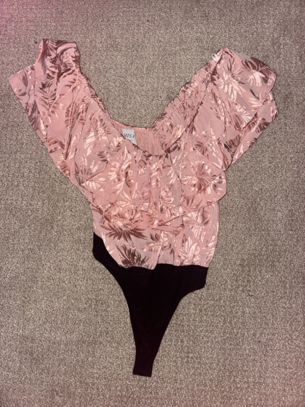 Misa Los Angeles Pink Floral Ruffle Bodysuit NWOT